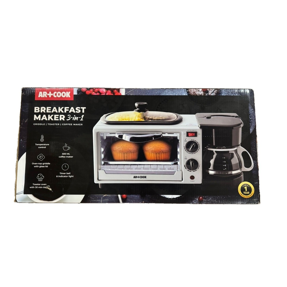 AR+COOK 3-in-1 Breakfast Maker Toaster Oven Coffee Maker Griddle NEW Sealed